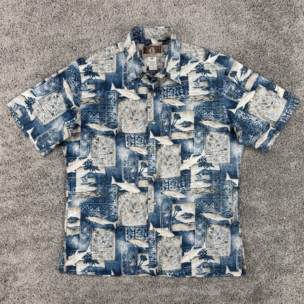 Vintage Kalaheo Hawaiian Shirt Men's M Fish Maritime AOP Made In Hawaii USA Camp